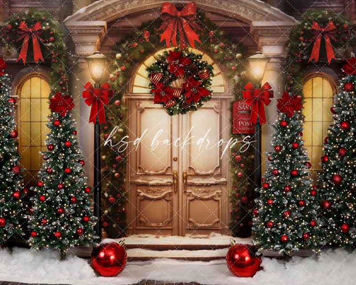 Christmas Door Backdrop with Christmas Trees for Studio Portraits