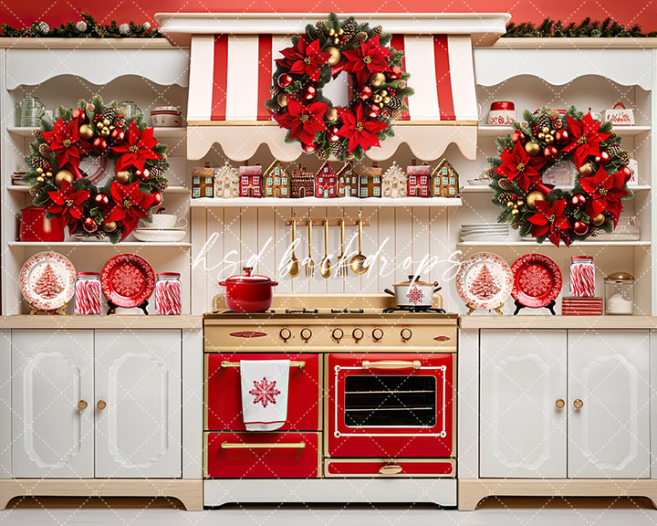 Red & White Christmas Kitchen 10'X8' - RTS - HSD Photography Backdrops 