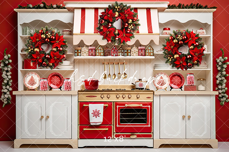 Red & White Christmas Kitchen - HSD Photography Backdrops 