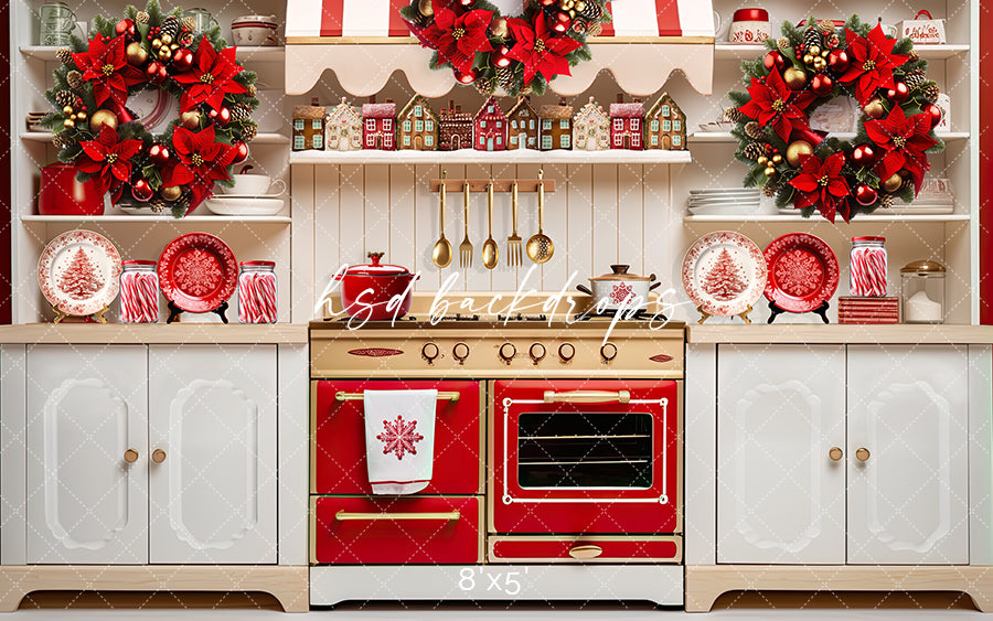 Red & White Christmas Kitchen (poly) - HSD Photography Backdrops 