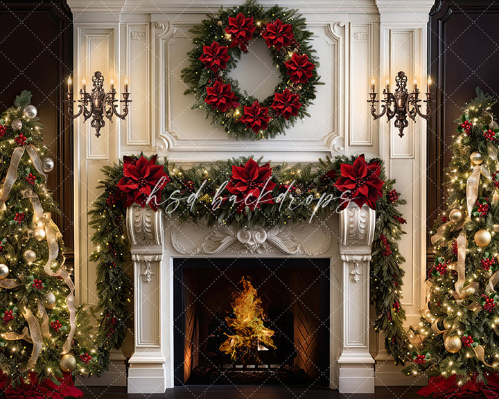 Elegant Christmas Fireplace Photo Backdrop for Photoshoot 