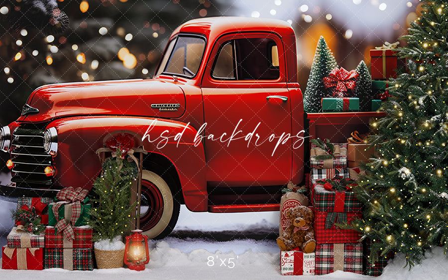Vintage Red Christmas Truck Backdrop for Photography 