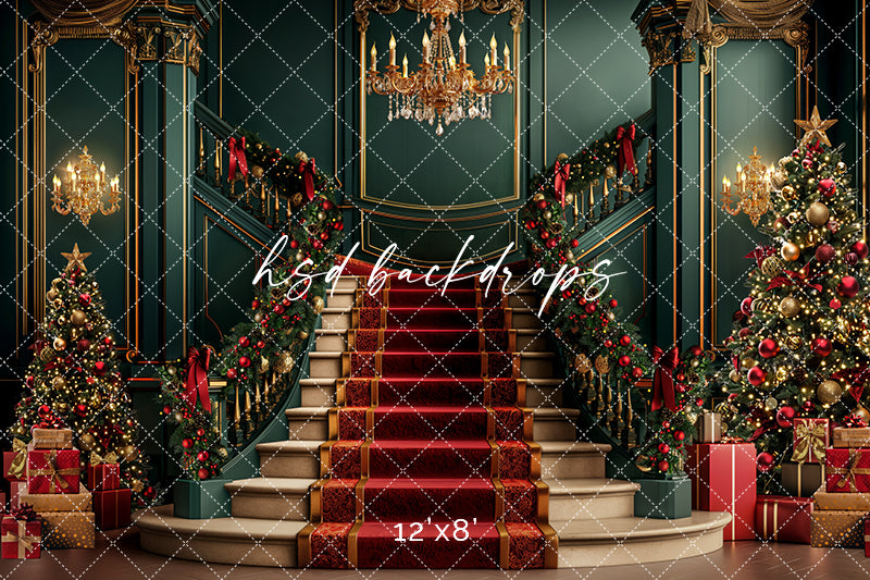 Aperturee Elegant Christmas Grand Staircase Sweep Backdrop, Red and Gold Garland, Holiday Ballroom Photo Studio Floor Drop