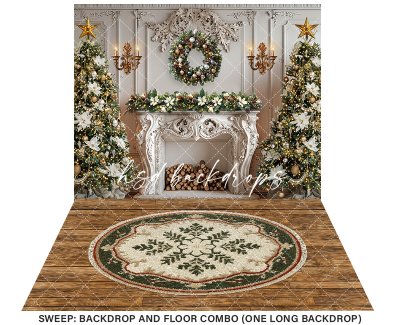 Elegant White Christmas Fireplace Photography Backdrop