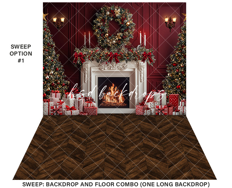 Red & White Christmas Fireplace - HSD Photography Backdrops 