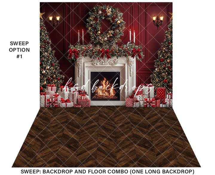 Red & White Christmas Fireplace - HSD Photography Backdrops 