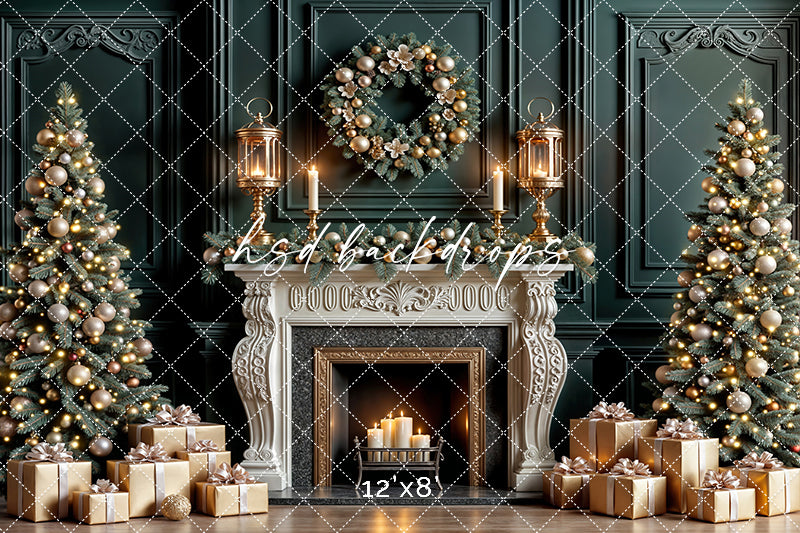 Cozy Candle Lit Christmas Fireplace Photography Backdrop – Elegant Holiday Portrait Scene | HSD Backdrops