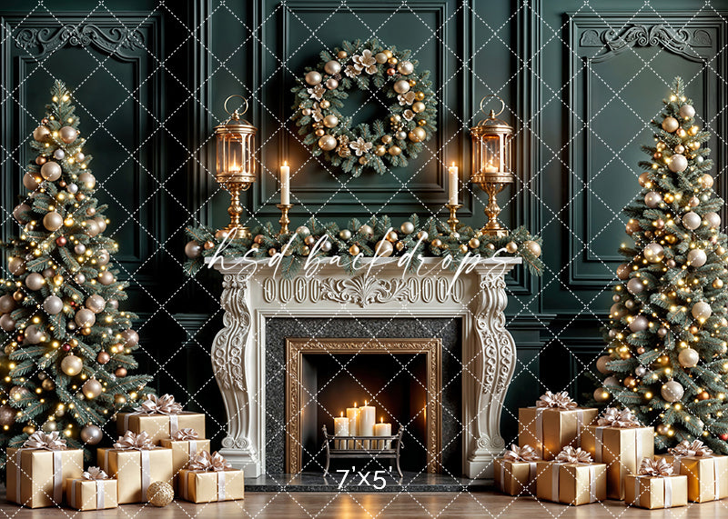 Cozy Candle Lit Christmas Fireplace Photography Backdrop – Elegant Holiday Portrait Scene | HSD Backdrops