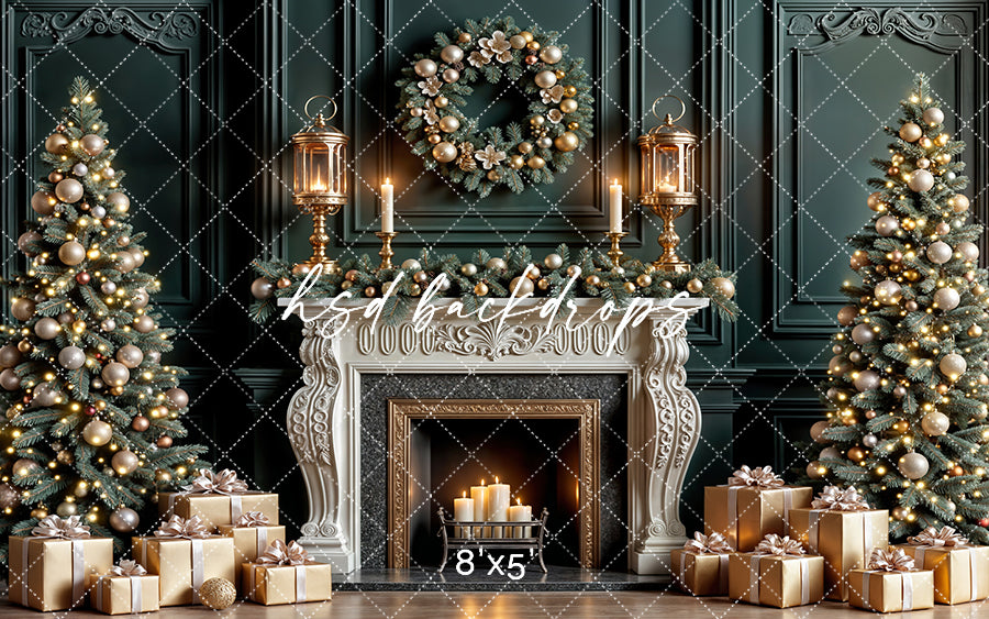 Cozy Candle Lit Christmas Fireplace Photography Backdrop – Elegant Holiday Portrait Scene | HSD Backdrops