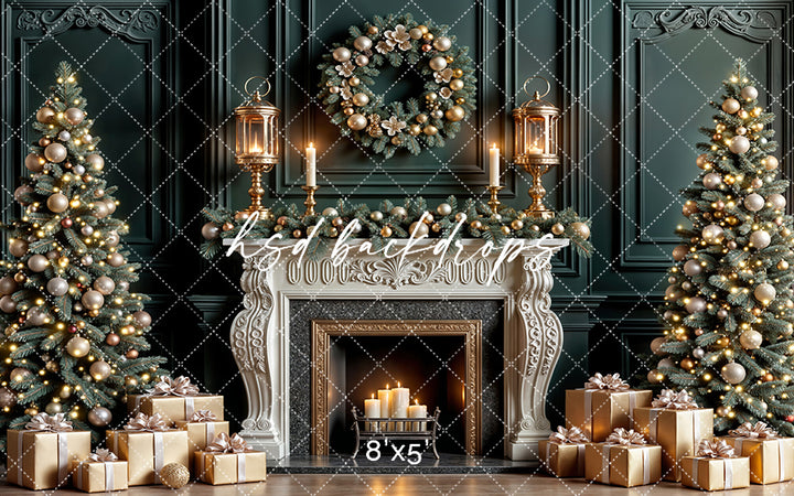 Cozy Candle Lit Christmas Fireplace Photography Backdrop – Elegant Holiday Portrait Scene | HSD Backdrops