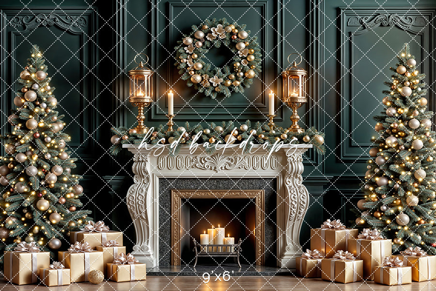 Cozy Candle Lit Christmas Fireplace Photography Backdrop – Elegant Holiday Portrait Scene | HSD Backdrops