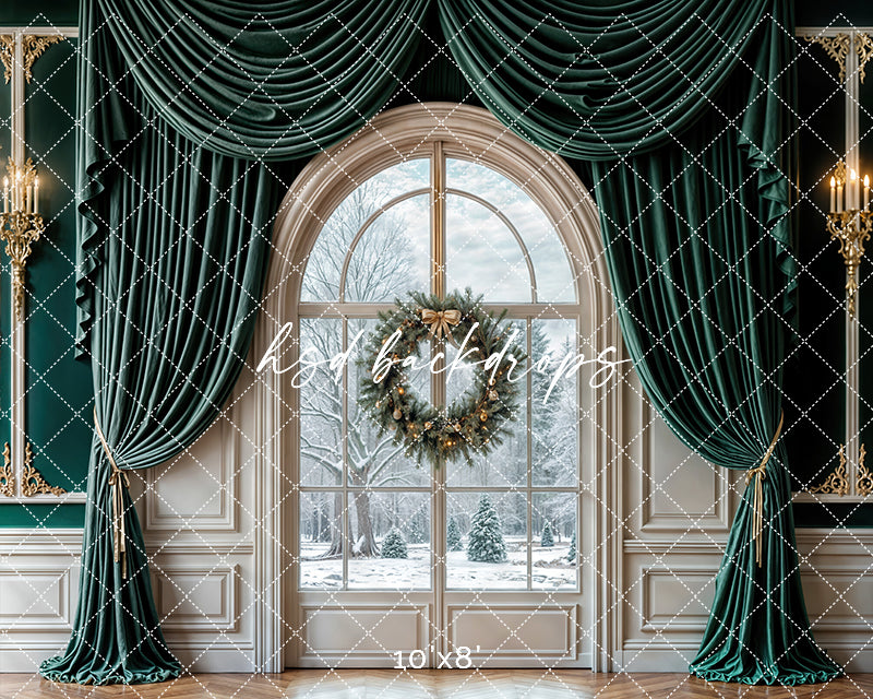 Winter Pine Window Holiday Photography Backdrop – Luxury Christmas Studio Scene | HSD Backdrops