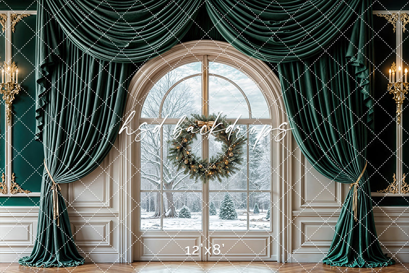 Winter Pine Window Holiday Photography Backdrop – Luxury Christmas Studio Scene | HSD Backdrops