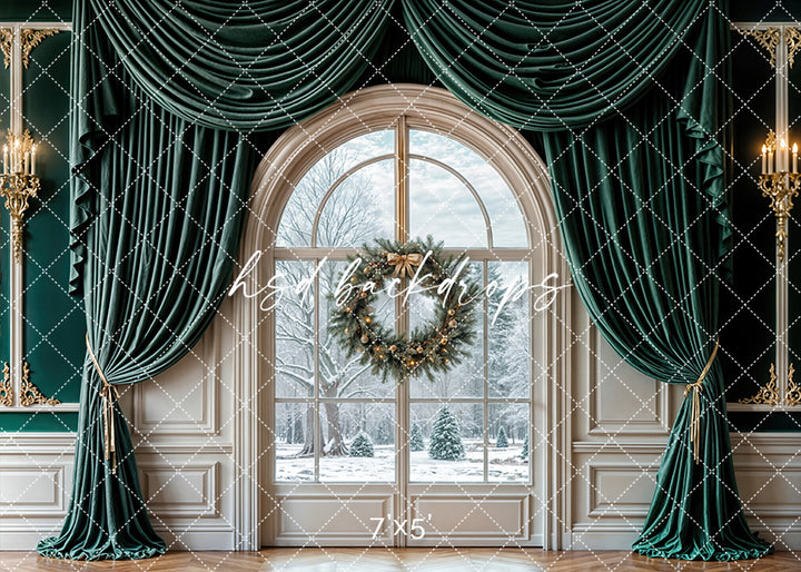 Winter Pine Window Holiday Photography Backdrop – Luxury Christmas Studio Scene | HSD Backdrops