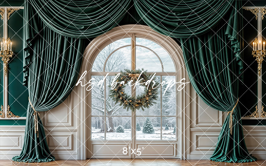 Winter Pine Window Holiday Photography Backdrop – Luxury Christmas Studio Scene | HSD Backdrops