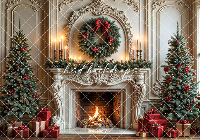 Festive Fireside Dreams Christmas Fireplace Photography Backdrop – Elegant Holiday Portrait Scene | HSD Backdrops