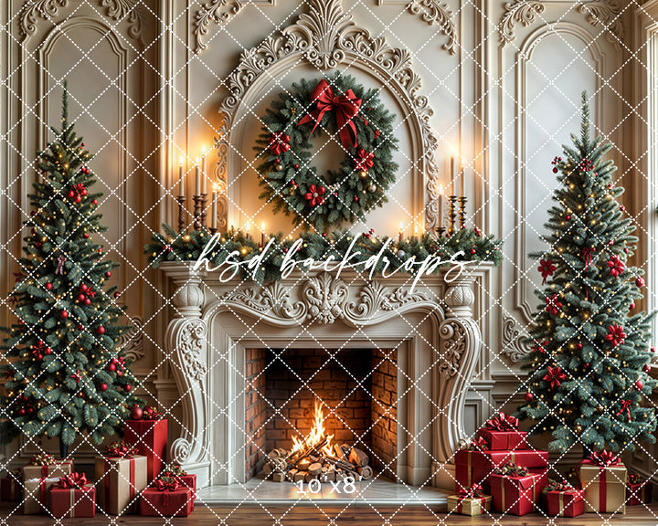 Festive Fireside Dreams Christmas Fireplace Photography Backdrop – Elegant Holiday Portrait Scene | HSD Backdrops