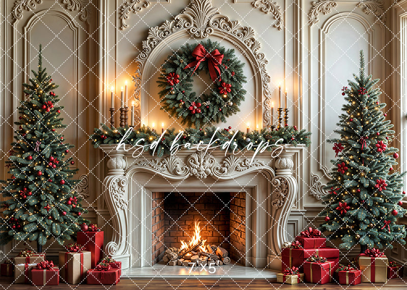 Festive Fireside Dreams Christmas Fireplace Photography Backdrop – Elegant Holiday Portrait Scene | HSD Backdrops