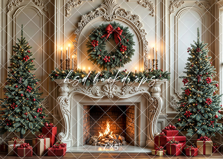 Festive Fireside Dreams Christmas Fireplace Photography Backdrop – Elegant Holiday Portrait Scene | HSD Backdrops