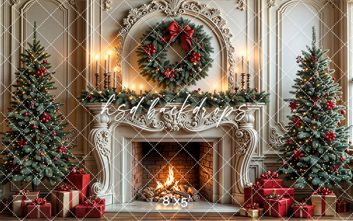 Festive Fireside Dreams Christmas Fireplace Photography Backdrop – Elegant Holiday Portrait Scene | HSD Backdrops