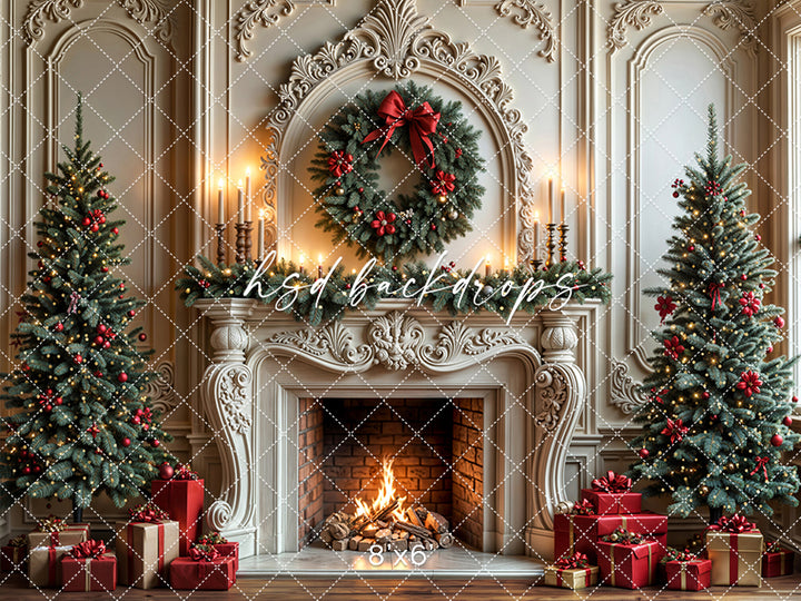 Festive Fireside Dreams Christmas Fireplace Photography Backdrop – Elegant Holiday Portrait Scene | HSD Backdrops