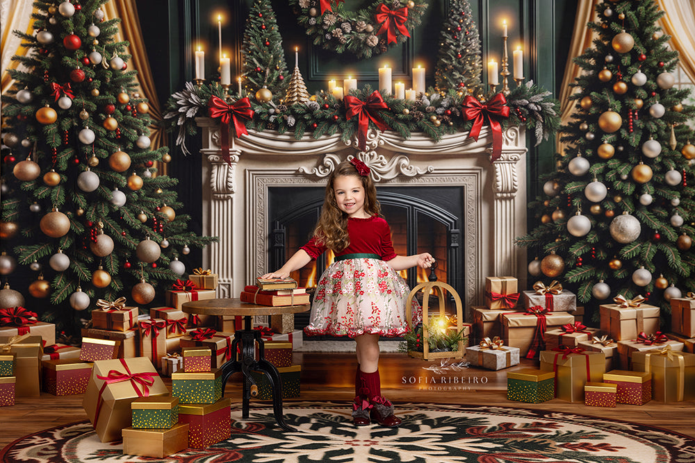 Magical Christmas backdrop with a grand fireplace, festive trees, glowing candles, and stacked presents—perfect for a holiday photoshoot