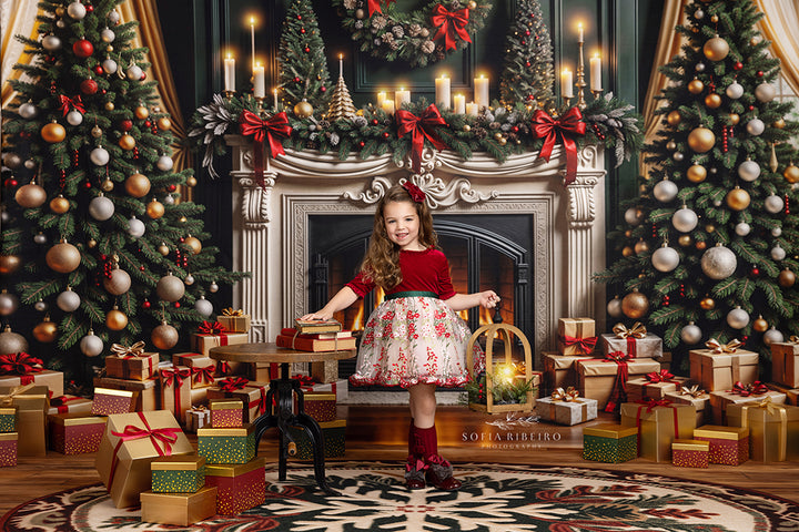 Elegant Christmas fireplace backdrop with trees, candles, garland, and gifts