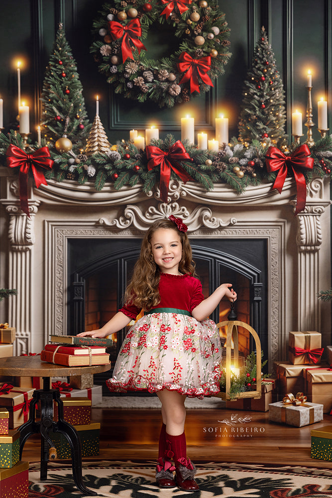 Festive Fireside Fireplace Christmas Photo Backdrop (sweep options)