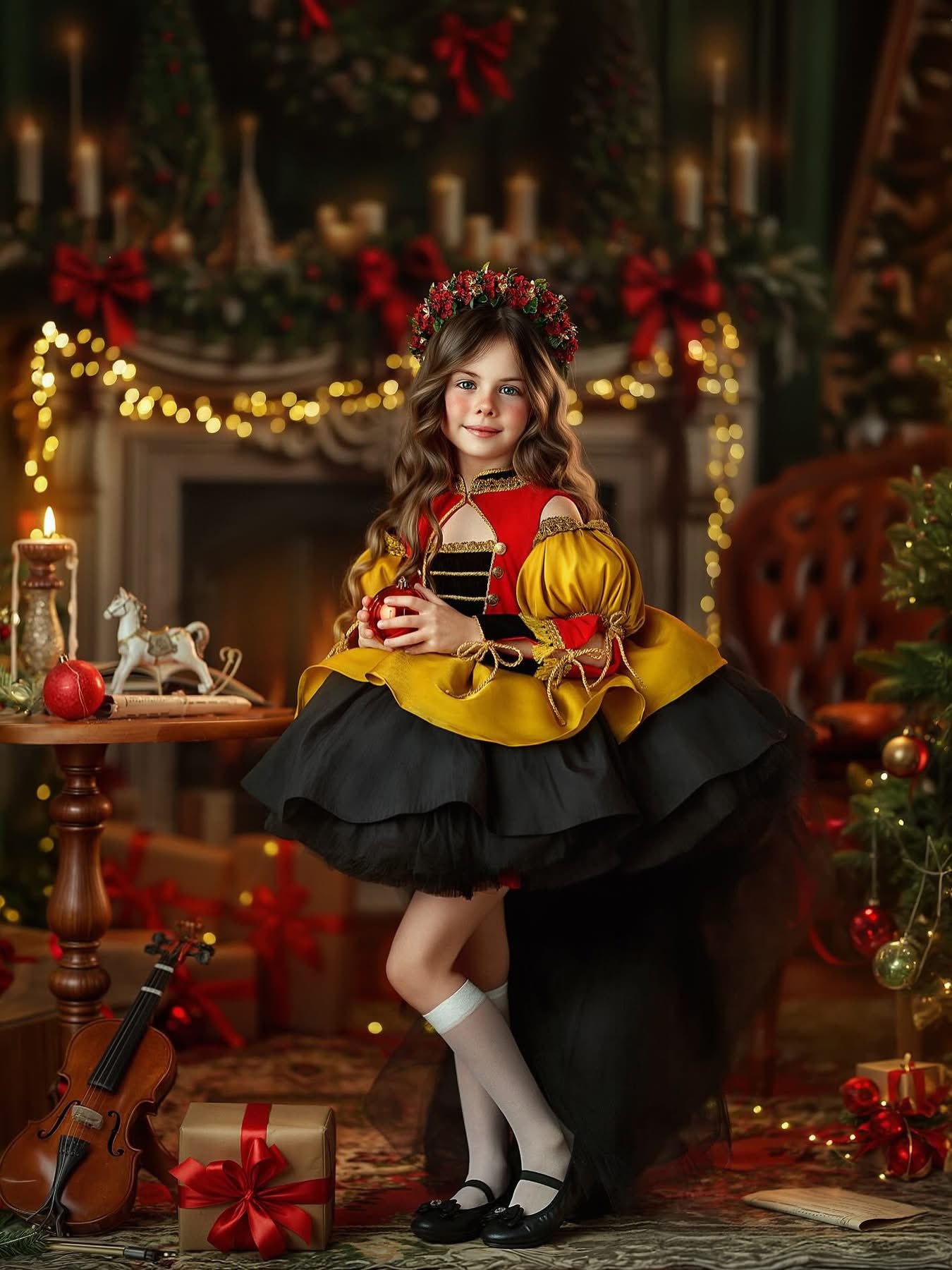 Festive Fireside Dreams Christmas fireplace photography backdrop with ornate fireplace, glowing fire, decorated Christmas trees, wreath, wrapped gifts, and classic red holiday accents.