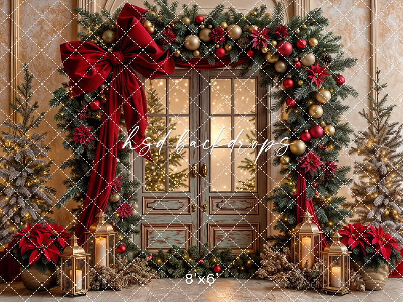 Red Ribbon & Pine Decorated Door (sweep options)