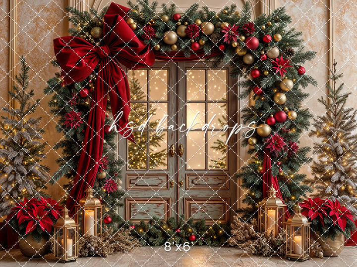 Red Ribbon & Pine Decorated Door (sweep options)
