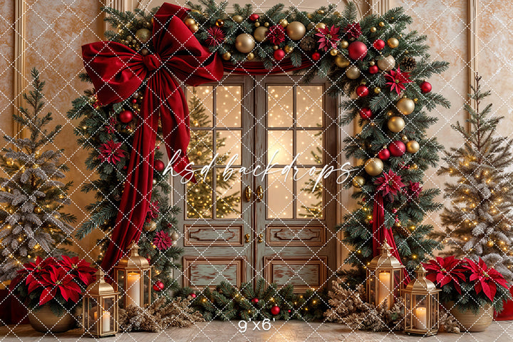 Red Ribbon & Pine Decorated Door (sweep options)