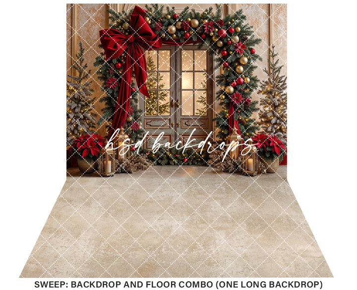 Red Ribbon & Pine Decorated Door (sweep options)