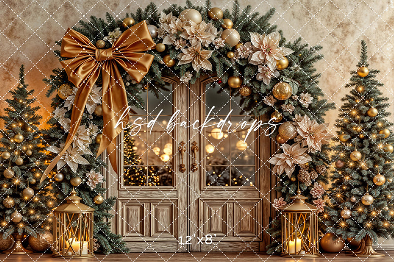 Golden Ribbon Backdrop Gold Ribbon Bow Christmas Door photography background – HSD Photography ...