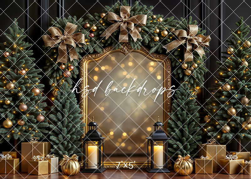 Black and gold Christmas backdrop with trees, bows, gifts, and a gilded mirror surrounded by holiday lights.