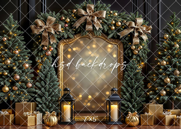 Black and gold Christmas backdrop with trees, bows, gifts, and a gilded mirror surrounded by holiday lights.
