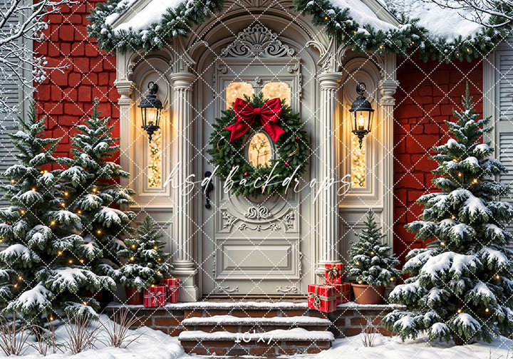 Victorian Christmas Door – Snowy Holiday Photography Backdrop