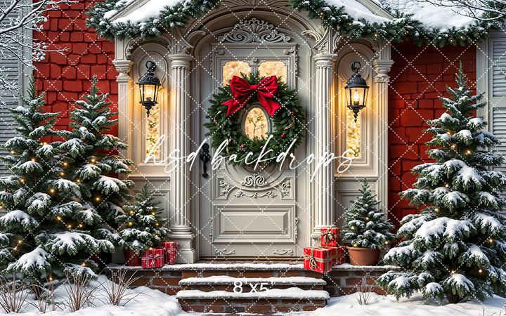 Victorian Christmas Door – Snowy Holiday Photography Backdrop