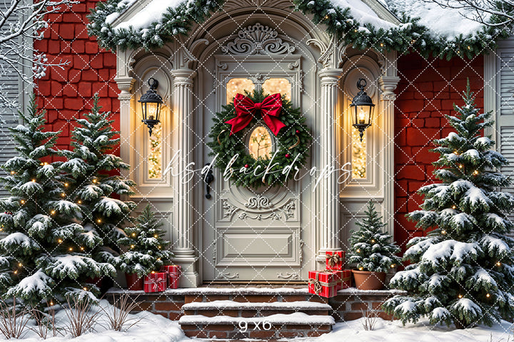 Victorian Christmas Door – Snowy Holiday Photography Backdrop