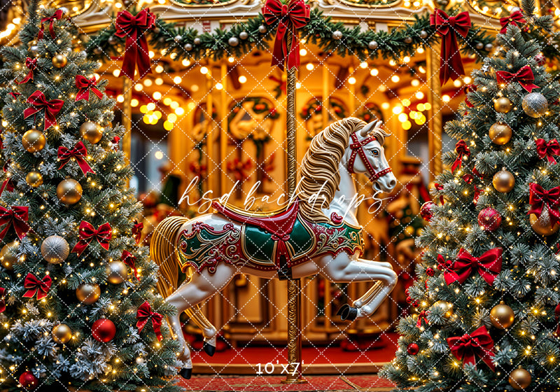 Christmas Carousel Wonderland – Holiday Lights & Tree Backdrop