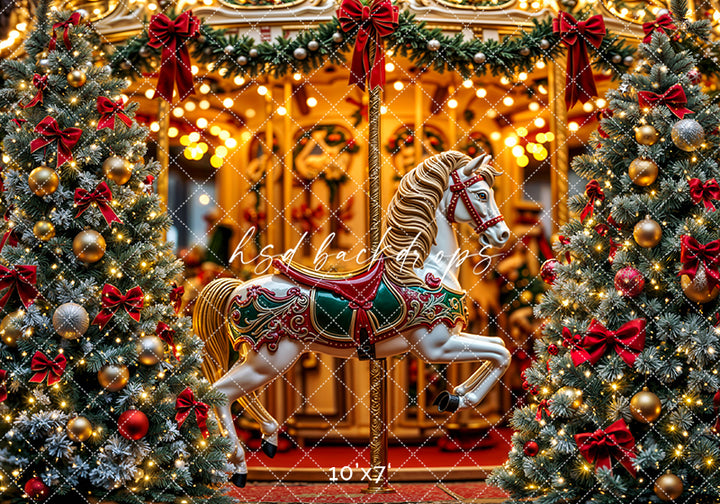Christmas Carousel Wonderland – Holiday Lights & Tree Backdrop