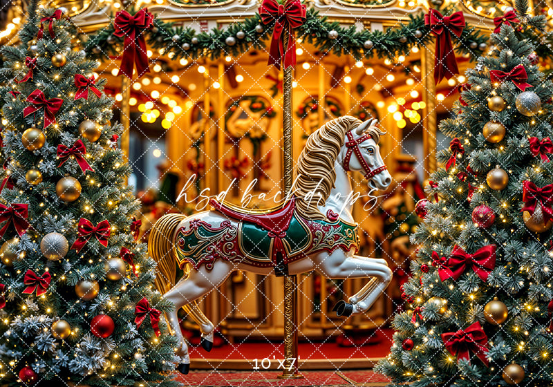 Christmas Carousel Wonderland – Holiday Lights & Tree Backdrop