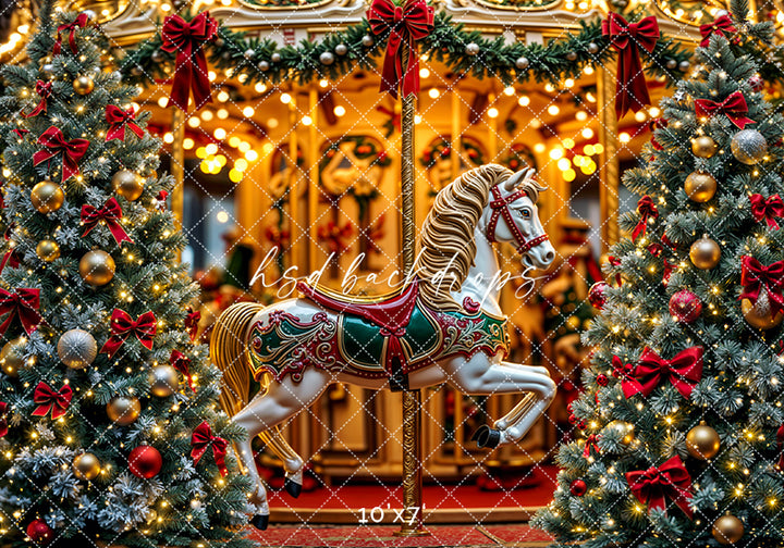 Christmas Carousel Wonderland – Holiday Lights & Tree Backdrop