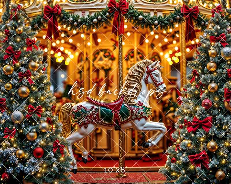 Christmas Carousel Wonderland – Holiday Lights & Tree Backdrop
