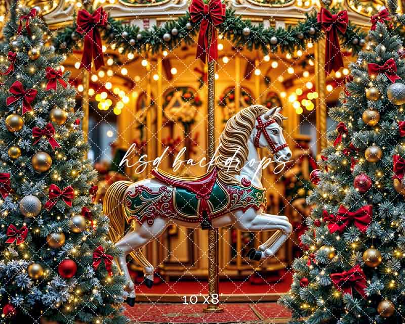 Christmas Carousel Wonderland – Holiday Lights & Tree Backdrop