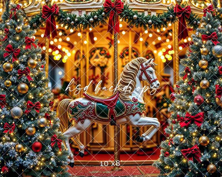 Christmas Carousel Wonderland – Holiday Lights & Tree Backdrop