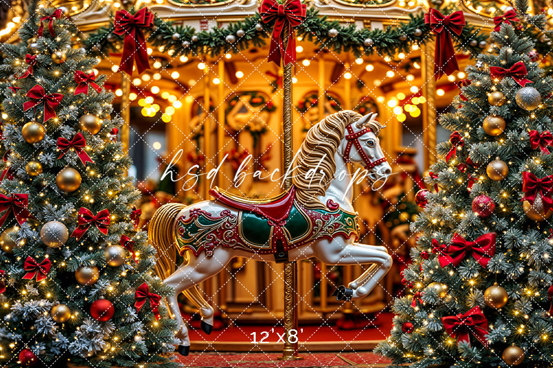 Christmas Carousel Wonderland – Holiday Lights & Tree Backdrop
