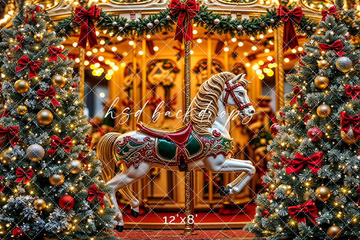 Christmas Carousel Wonderland – Holiday Lights & Tree Backdrop