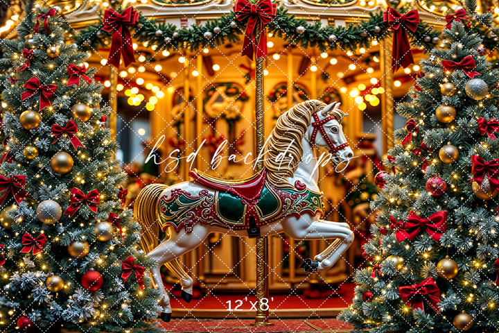 Christmas Carousel Wonderland – Holiday Lights & Tree Backdrop
