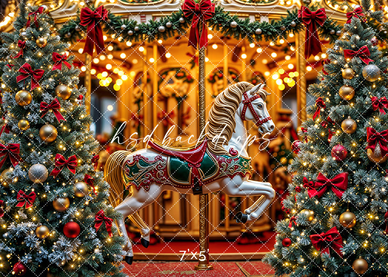 Christmas carousel with vintage horse and lit Christmas trees, red bows, and festive lights – holiday photography backdrop.
Would you like me to apply this same format to other holiday backdrops you've uploaded today?
